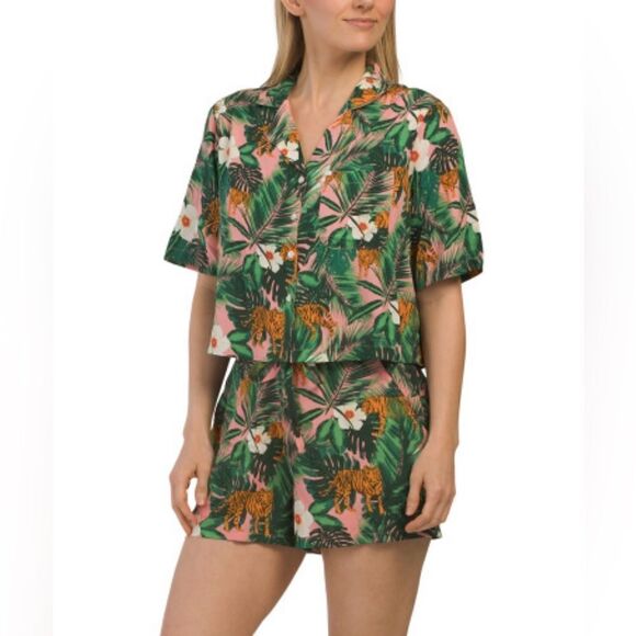 Cynthia Rowley Other - Cynthia Rowley M-L Green Orange Tropical Jungle Tiger Cropped Top & Short PJ Set
